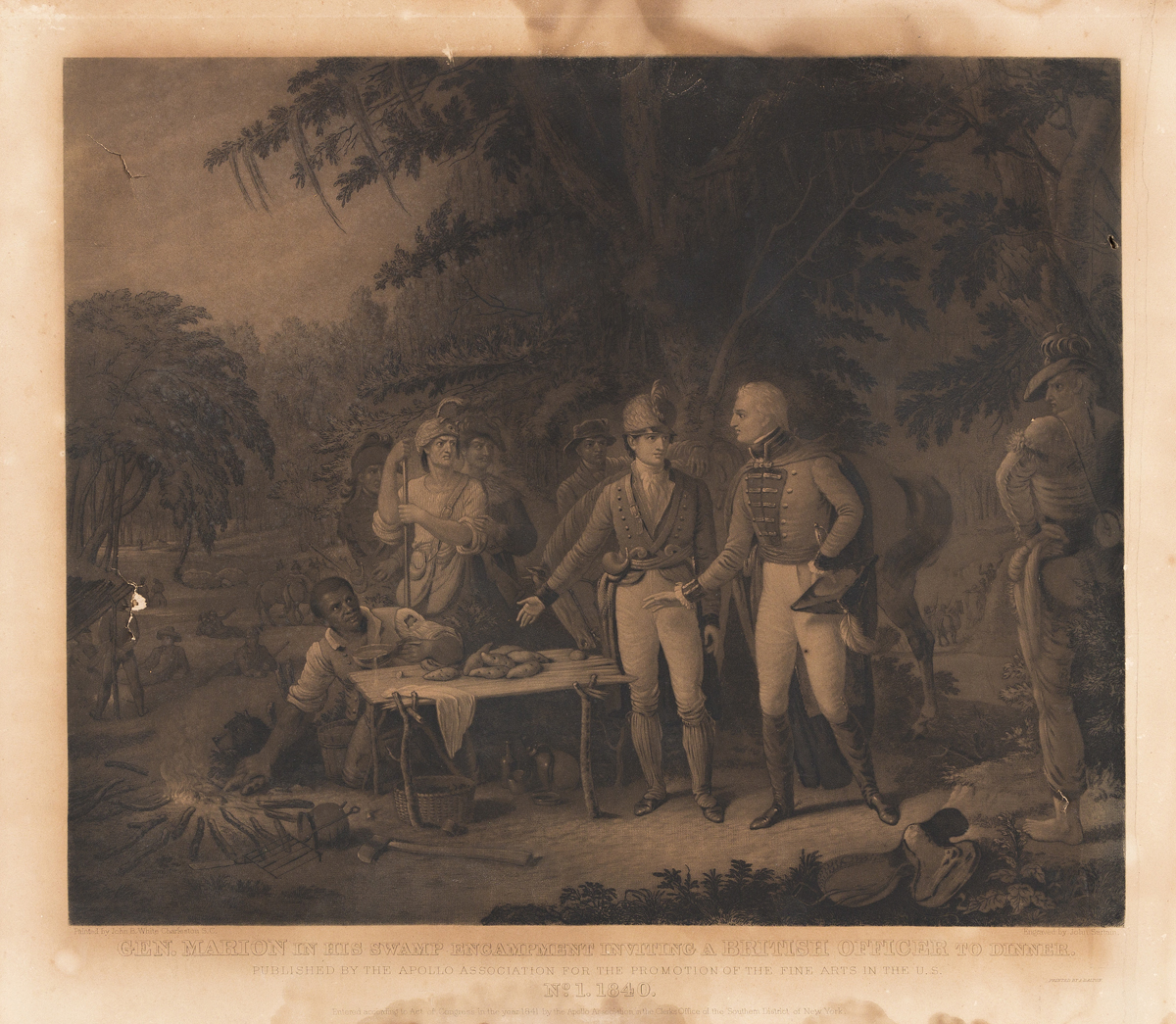 (REVOLUTION.) John Sartain, engraver; after John B. White. Gen. Marion in his Swamp Encampment Inviting a British Officer for Dinner.